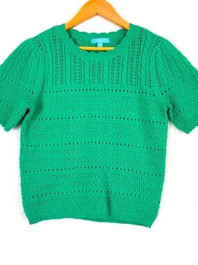 DRAPER JAMES RSVP Cable Knit Pointelle Scallop Short Sleeve Sweater Top XS